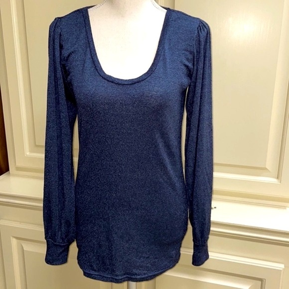 Michael Stars for Anthropologie Blue Metallic Pleated Top Long Sleeve Tee Sz OS - Picture 4 of 11